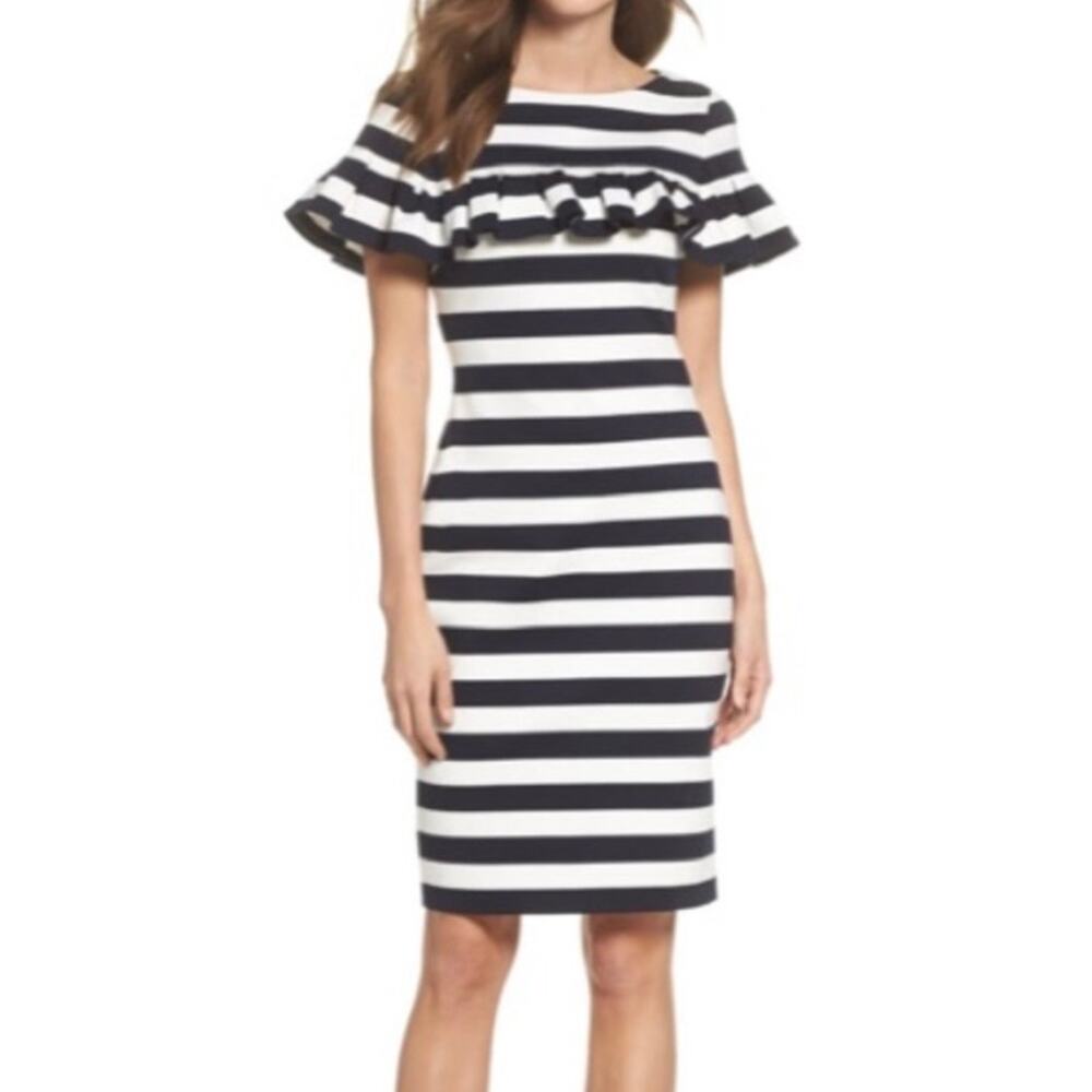 Eliza J Navy White Stripe Ruffle Dress Size 4 Coastal Preppy Nautical Midi